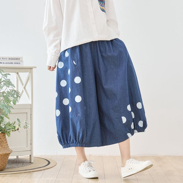 【M〜L】ドット切り替えバルーンデニムパンツ 大人可愛い個性派シルエット 綿100％