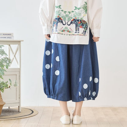 【M〜L】ドット切り替えバルーンデニムパンツ 大人可愛い個性派シルエット 綿100％