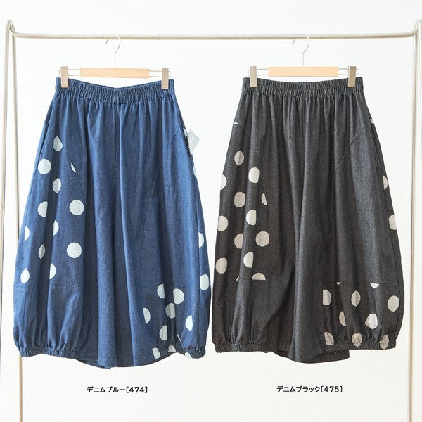 【M〜L】ドット切り替えバルーンデニムパンツ 大人可愛い個性派シルエット 綿100％