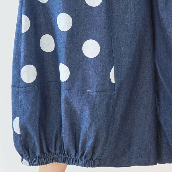 【M〜L】ドット切り替えバルーンデニムパンツ 大人可愛い個性派シルエット 綿100％