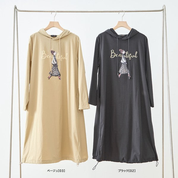 【M〜L】ガールモチーフプリントフードロングワンピース｜TRUBE