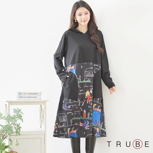 【M〜L】イラストプリント切替フーディワンピース｜TRUBE