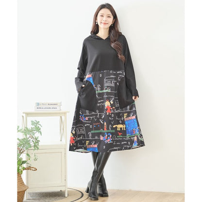 【M〜L】イラストプリント切替フーディワンピース｜TRUBE