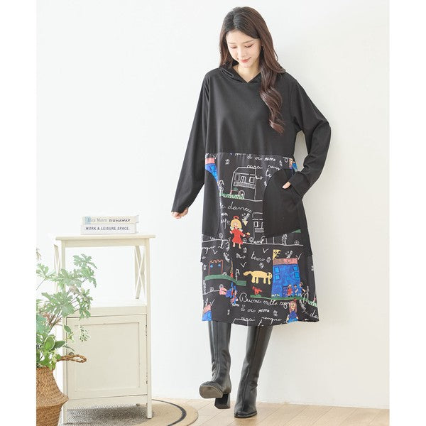 【M〜L】イラストプリント切替フーディワンピース｜TRUBE