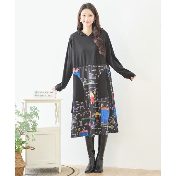【M〜L】イラストプリント切替フーディワンピース｜TRUBE