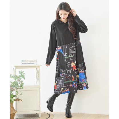 【M〜L】イラストプリント切替フーディワンピース｜TRUBE