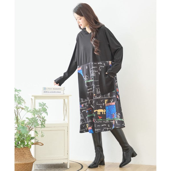 【M〜L】イラストプリント切替フーディワンピース｜TRUBE