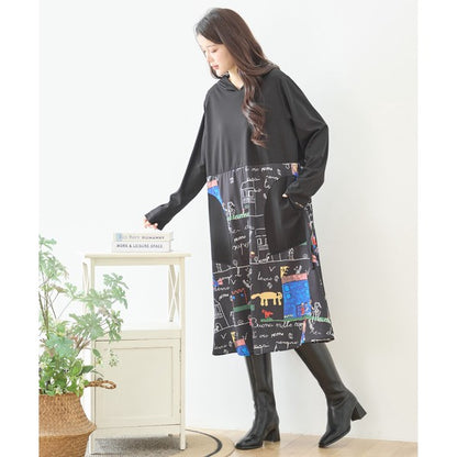 【M〜L】イラストプリント切替フーディワンピース｜TRUBE