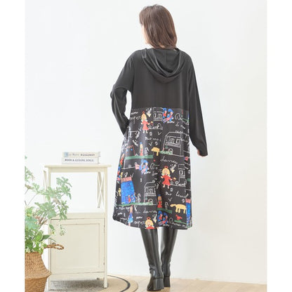 【M〜L】イラストプリント切替フーディワンピース｜TRUBE