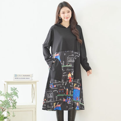 【M〜L】イラストプリント切替フーディワンピース｜TRUBE
