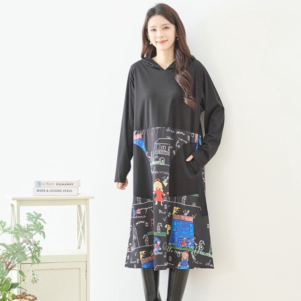 【M〜L】イラストプリント切替フーディワンピース｜TRUBE