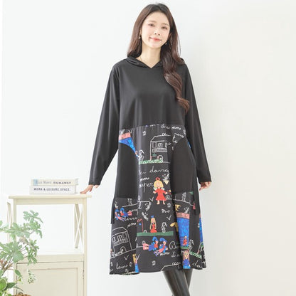 【M〜L】イラストプリント切替フーディワンピース｜TRUBE