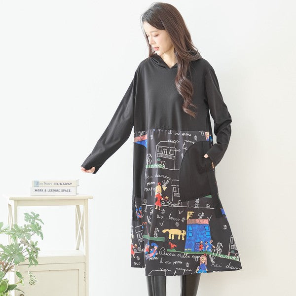 【M〜L】イラストプリント切替フーディワンピース｜TRUBE