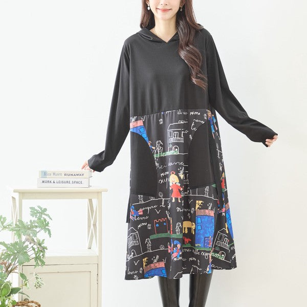 【M〜L】イラストプリント切替フーディワンピース｜TRUBE