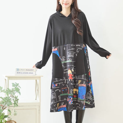 【M〜L】イラストプリント切替フーディワンピース｜TRUBE