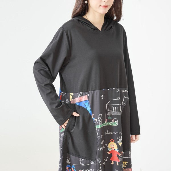 【M〜L】イラストプリント切替フーディワンピース｜TRUBE