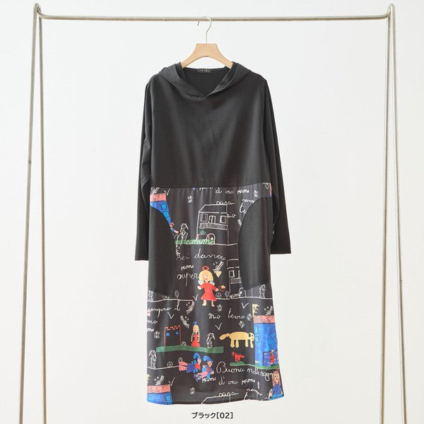 【M〜L】イラストプリント切替フーディワンピース｜TRUBE