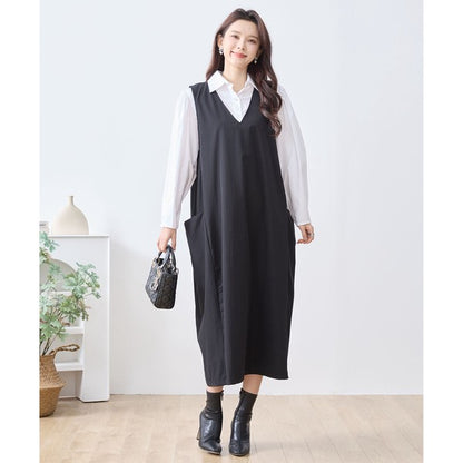 【L〜LL】ナイロンストレッチ Vネック2ポケットジャンパースカート｜TRUBE・C08-248B