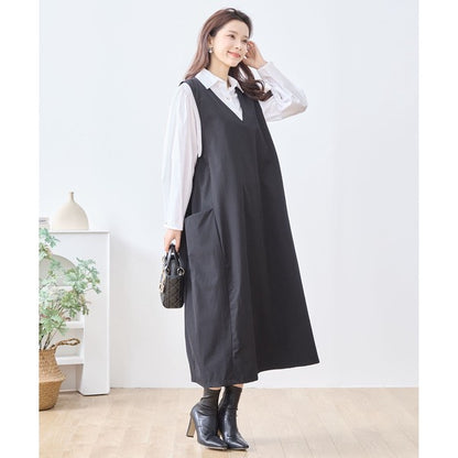 【L〜LL】ナイロンストレッチ Vネック2ポケットジャンパースカート｜TRUBE・C08-248B