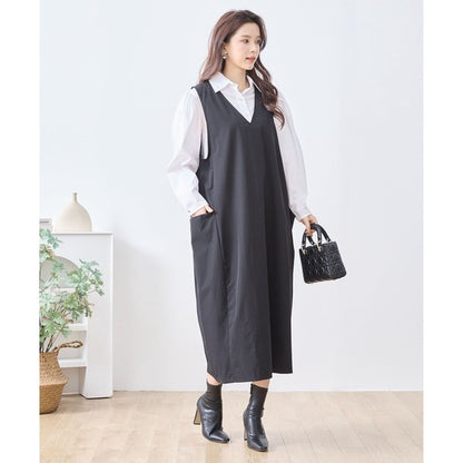 【L〜LL】ナイロンストレッチ Vネック2ポケットジャンパースカート｜TRUBE・C08-248B