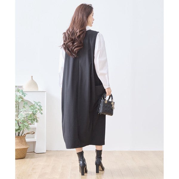 【L〜LL】ナイロンストレッチ Vネック2ポケットジャンパースカート｜TRUBE・C08-248B