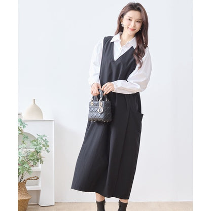 【L〜LL】ナイロンストレッチ Vネック2ポケットジャンパースカート｜TRUBE・C08-248B