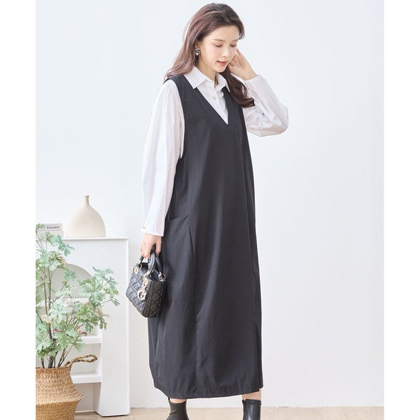 【L〜LL】ナイロンストレッチ Vネック2ポケットジャンパースカート｜TRUBE・C08-248B