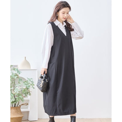 【L〜LL】ナイロンストレッチ Vネック2ポケットジャンパースカート｜TRUBE・C08-248B