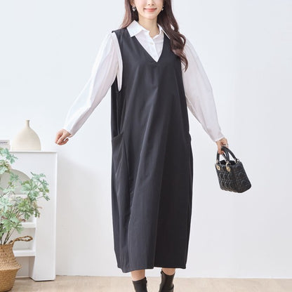 【L〜LL】ナイロンストレッチ Vネック2ポケットジャンパースカート｜TRUBE・C08-248B