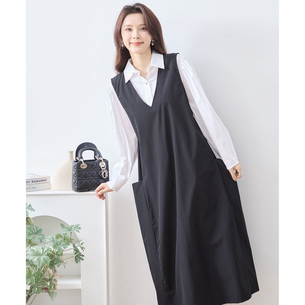 【L〜LL】ナイロンストレッチ Vネック2ポケットジャンパースカート｜TRUBE・C08-248B