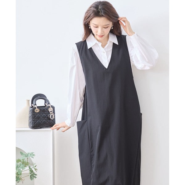 【L〜LL】ナイロンストレッチ Vネック2ポケットジャンパースカート｜TRUBE・C08-248B