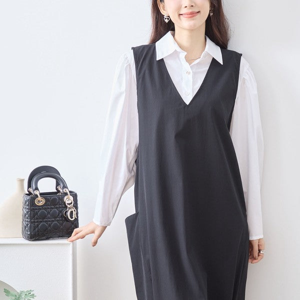 【L〜LL】ナイロンストレッチ Vネック2ポケットジャンパースカート｜TRUBE・C08-248B