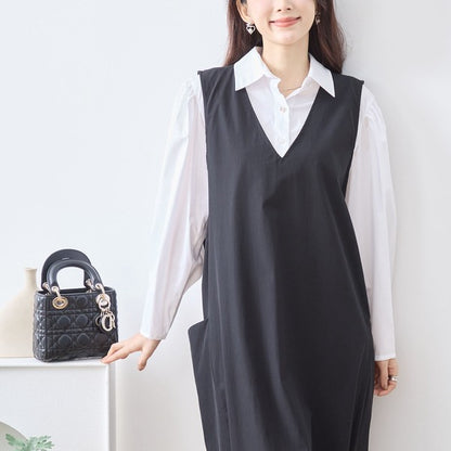 【L〜LL】ナイロンストレッチ Vネック2ポケットジャンパースカート｜TRUBE・C08-248B