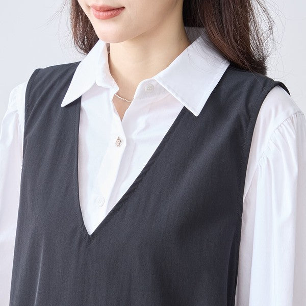 【L〜LL】ナイロンストレッチ Vネック2ポケットジャンパースカート｜TRUBE・C08-248B