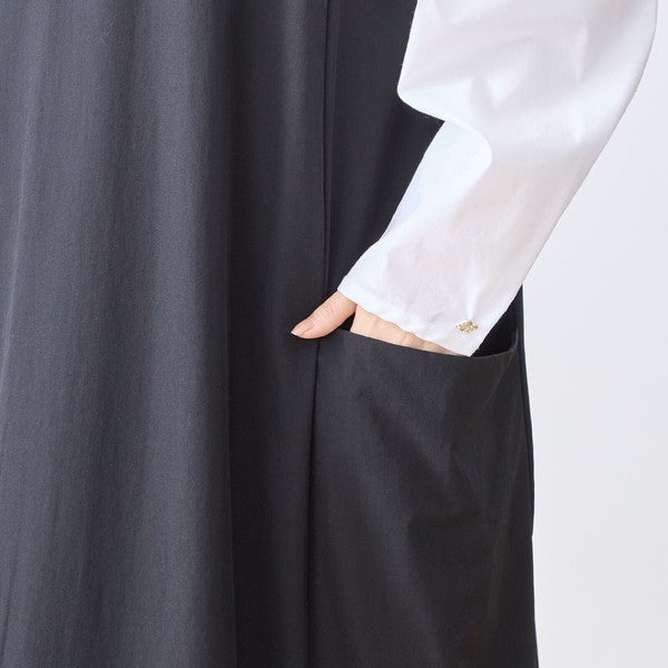 【L〜LL】ナイロンストレッチ Vネック2ポケットジャンパースカート｜TRUBE・C08-248B