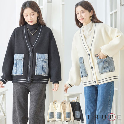 【M〜L】デニムポケット切替Vネックニットカーディガン｜TRUBE