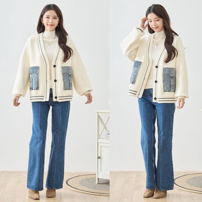 【M〜L】デニムポケット切替Vネックニットカーディガン｜TRUBE