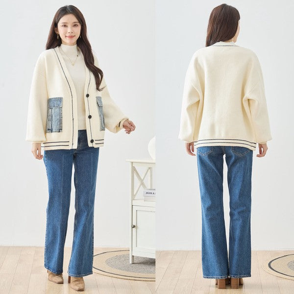 【M〜L】デニムポケット切替Vネックニットカーディガン｜TRUBE