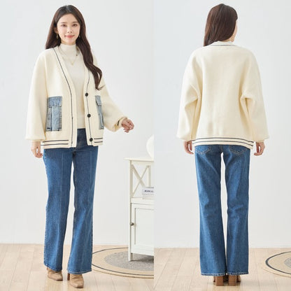 【M〜L】デニムポケット切替Vネックニットカーディガン｜TRUBE