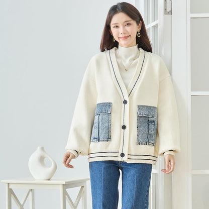 【M〜L】デニムポケット切替Vネックニットカーディガン｜TRUBE