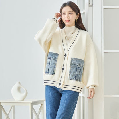 【M〜L】デニムポケット切替Vネックニットカーディガン｜TRUBE