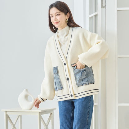 【M〜L】デニムポケット切替Vネックニットカーディガン｜TRUBE