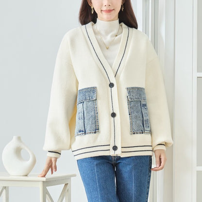 【M〜L】デニムポケット切替Vネックニットカーディガン｜TRUBE