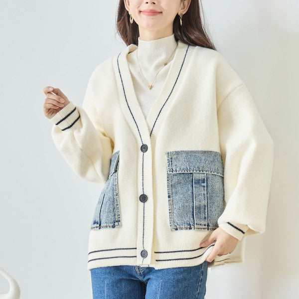 【M〜L】デニムポケット切替Vネックニットカーディガン｜TRUBE