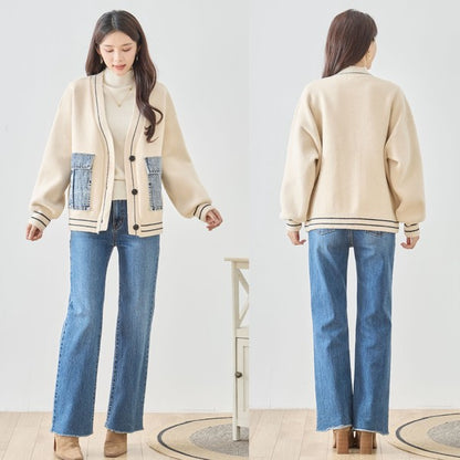 【M〜L】デニムポケット切替Vネックニットカーディガン｜TRUBE