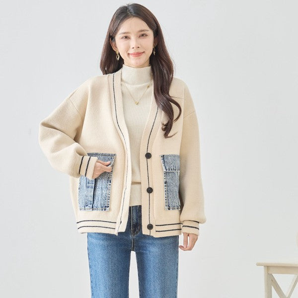 【M〜L】デニムポケット切替Vネックニットカーディガン｜TRUBE