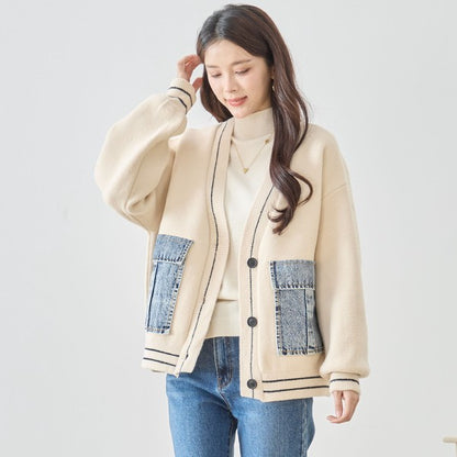 【M〜L】デニムポケット切替Vネックニットカーディガン｜TRUBE