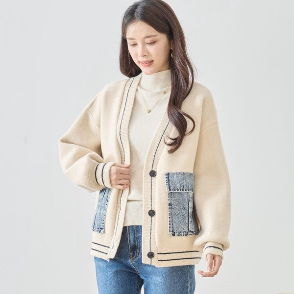 【M〜L】デニムポケット切替Vネックニットカーディガン｜TRUBE