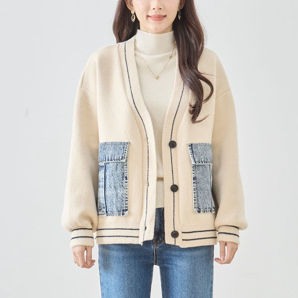 【M〜L】デニムポケット切替Vネックニットカーディガン｜TRUBE