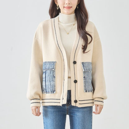 【M〜L】デニムポケット切替Vネックニットカーディガン｜TRUBE